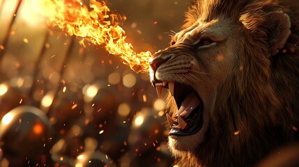 A fierce lion breathes fire in a dramatic setting, showcasing its strength and power