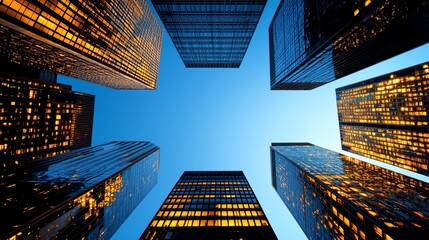 A breathtaking view of towering skyscrapers against a clear blue sky, showcasing modern architecture and glowing windows