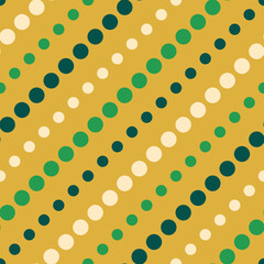 Seamless geometric pattern with diagonal lines made of colorful small dots and circles on a yellow background. Vintage retro design. Dotted vector illustration.