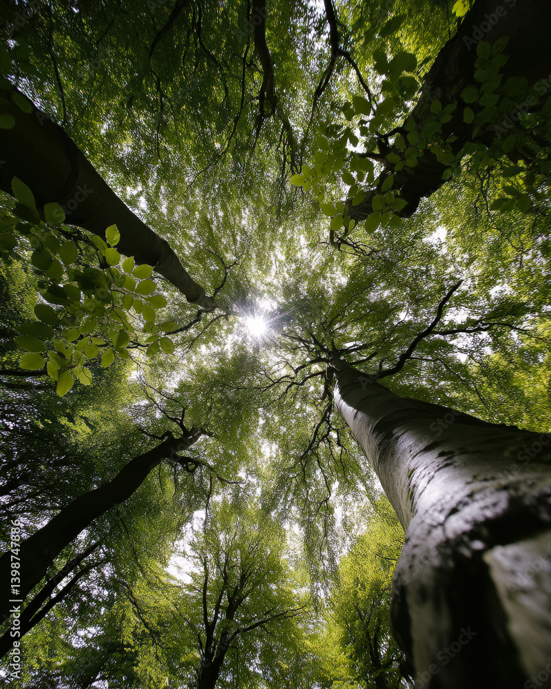 Poster sunlight filtering through a vibrant green forest canopy creates a serene atmosphere in nature