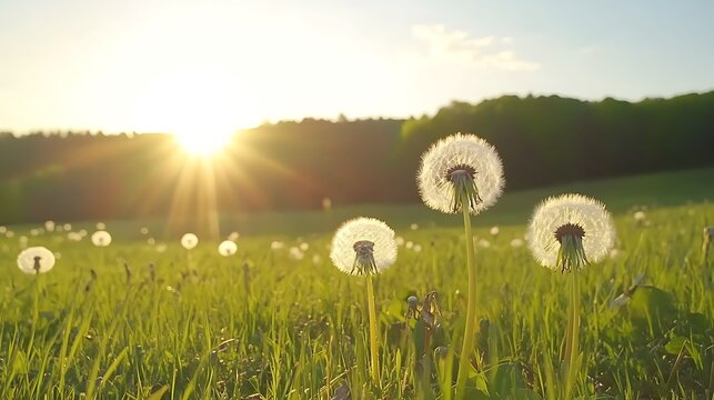 Golden sunset illuminates fluffy dandelions in a green meadow field