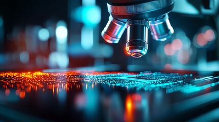 Close-up of a modern microscope examining a sample with illuminated slide