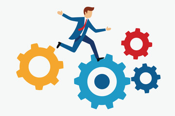 Business concept, businessman running on gears, colorful cog wheels, blue suit, dynamic pose, flat design illustration, progress metaphor, efficiency symbol, career advancement, business growth, 