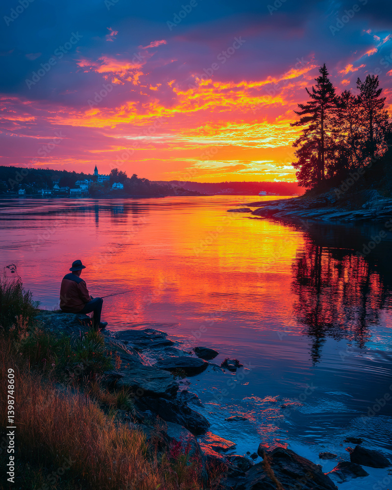 Poster Exploring solitude as a fisherman enjoys the sunset by the tranquil riverside