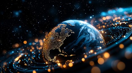 A stunning view of Earth illuminated by glowing lights, surrounded by a cosmic background. This image captures the beauty of our planet and the vastness of the universe.