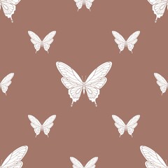 Seamless pattern with hand drawn minimalistic white butterflies on a mocha mousse background. Perfect for textiles, fabric, wallpaper, stationery, packaging, web backgrounds, wrapping, bedding