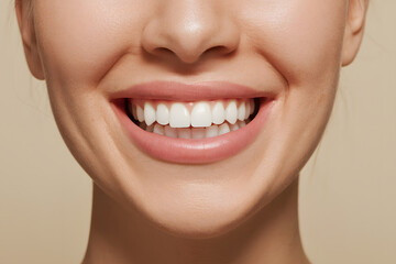 Obraz premium A Close-Up Shot of a Woman's Radiant Smile, Showcasing Perfectly White Teeth and Healthy Gums, Exuding Confidence and Joy