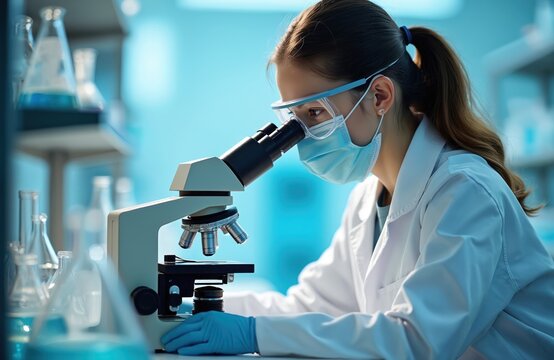 Medical researcher wearing lab coat, protective goggles, face mask looks into microscope. Laboratory scientist works with equipment in modern science lab. Research in microbiology. Health tech, - Powered by Adobe