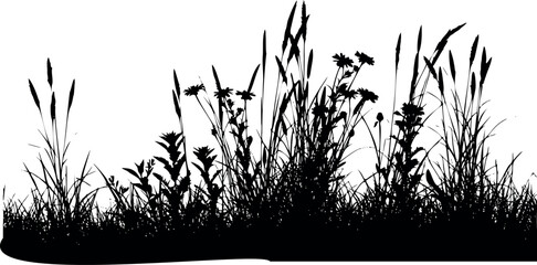 Black silhouette of nature elements on white background. Minimal landscape with trees, plants, birds, and mountains for design projects, tattoo inspiration, logos, and natural artistic compositions.