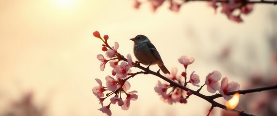 Bird perched on blossoming branch, bathed in soft golden light, creating a serene, natural scene.