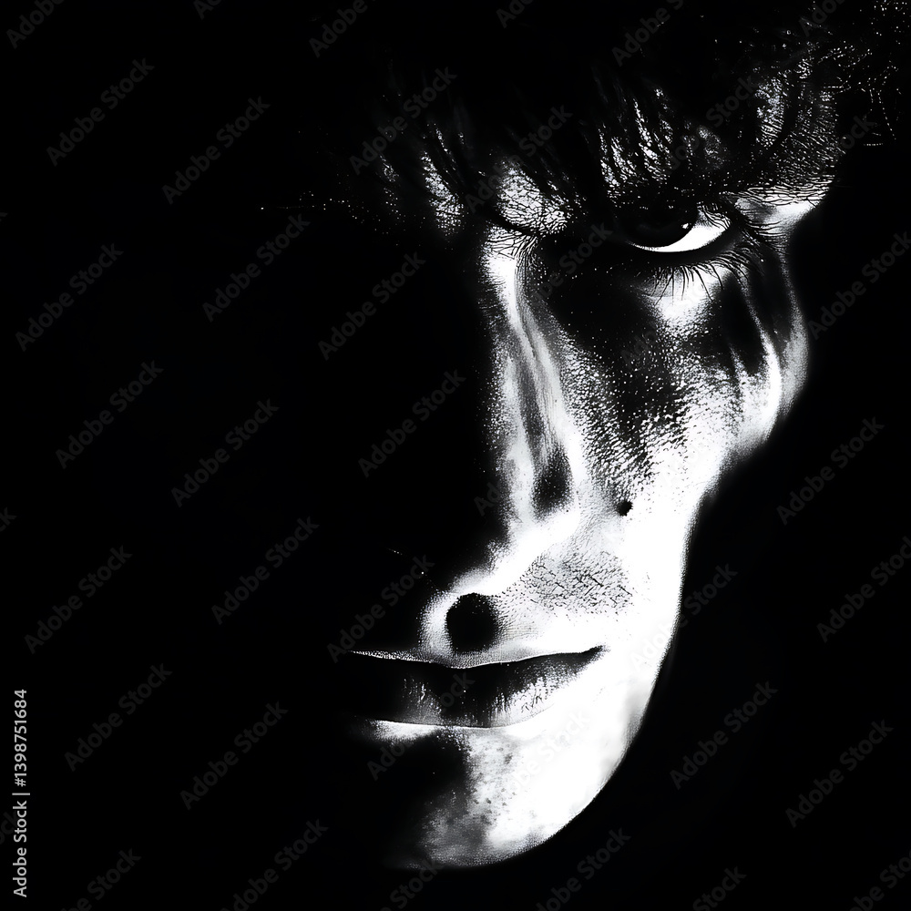 Poster creative and mysterious portrait of man with intense expression, featuring dramatic lighting and sha