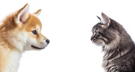 Obraz premium A playful image featuring a dog and cat looking straight into the camera, with a white background