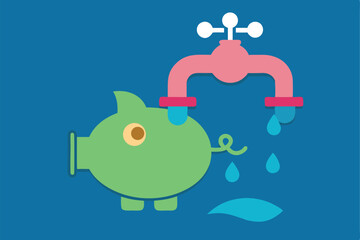 Cartoon piggy bank, cute green pig, pink faucet, water droplet, blue fish, minimalist design, flat illustration, vector graphics, children's savings concept, financial education, colorful icons
