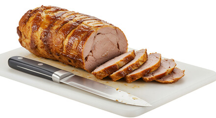 Deliciously sliced meatloaf on a white plate with a sharp knife for enticing culinary imagery