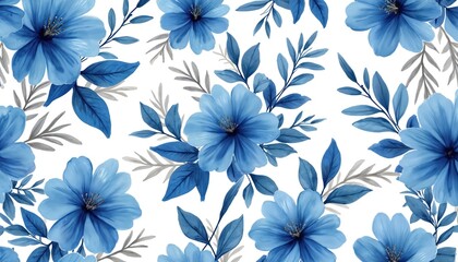 Seamless watercolor floral design, blue flowers on white background. Seamless pattern of blue flowers with leaves, can be used for textile, wedding invitation, greeting cards, wrapping paper and more.