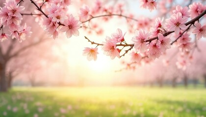Obraz premium Pink cherry tree blossoms in springtime. Tender sakura flowers in garden, sunny sunrise. Mothers Day background, spring season, beautiful floral nature, fresh blooming.