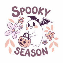 Cute Halloween Ghost With Bat Wings Holding Pumpkin Surrounded By Flowers