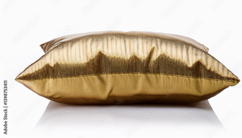 Poster gold shiny pillow on white background. textured cushion close up. rectangular decorative pillow. sim