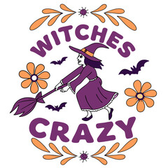Cartoon Witch Riding Broomstick With Bats And Flowers Illustration