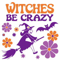 Whimsical Halloween Design Featuring A Witch Riding Broomstick And Flowers