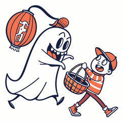 Cartoon Boy Running With Treats From Ghost Lantern Halloween Illustration