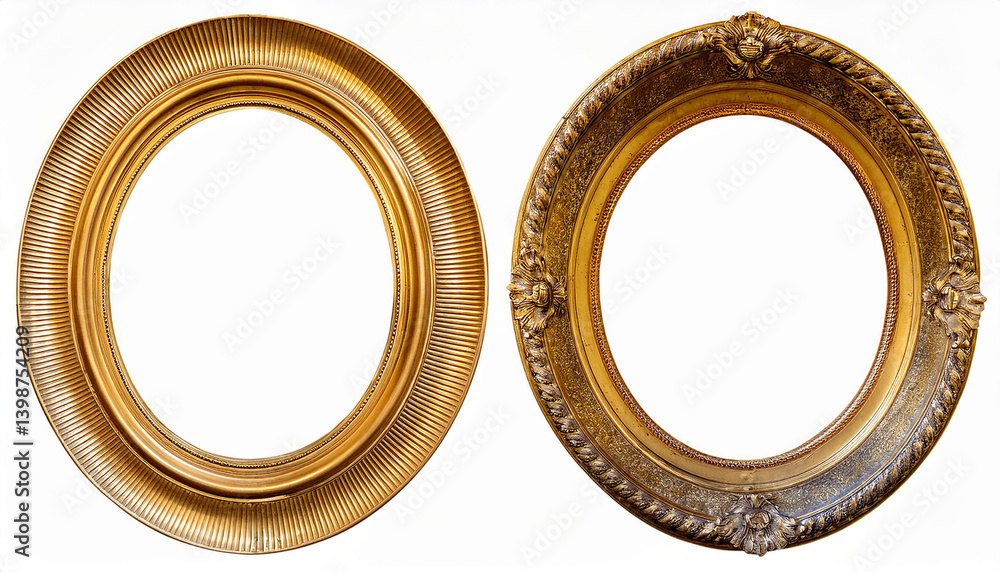 Poster two gold frames are shown. one frame has a simple design. the other frame has floral details. both f