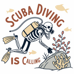 Humorous Skeleton Scuba Diving Illustration With Fish And Undersea Vegetation