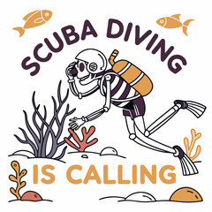 Scuba Diving Skeleton Illustration With Underwater Sea Life And Text Quote