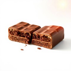Two halves of a chocolate bar with layered filling are displayed against a bright white background.