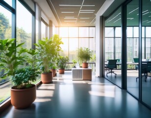 Fototapeta premium blurred image of a luminous office space with potted plants and large windows creating a bright and airy atmosphere