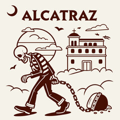 Alcatraz Prison Skeleton Carrying Weight Illustration Against Moon
