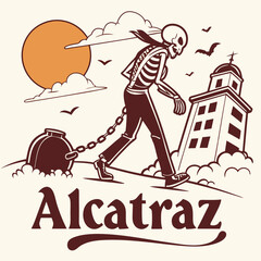Alcatraz Skeleton Prisoner Illustration Retro Style Prison Island Escape Concept