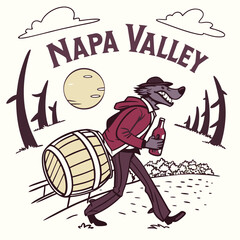 Napa Valley Wolf Character Carrying Wine Barrel And Bottle Cartoon Illustration