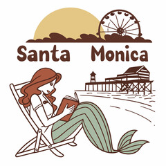 Obraz premium Mermaid Relaxing On Santa Monica Beach With Pier And Ferris Wheel