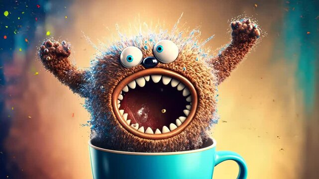 Coffee monster with crazy eyes. Cute character with caffeine energy, very excited
