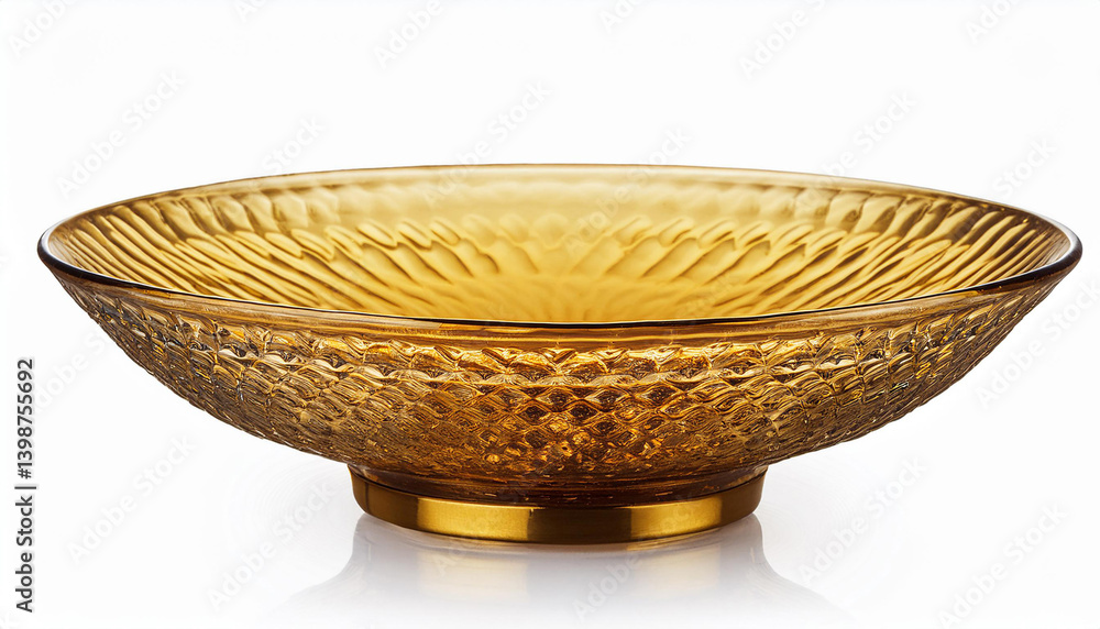 Poster glass bowl sits. empty container shines. amber color on simple kitchen object. decorative pattern re