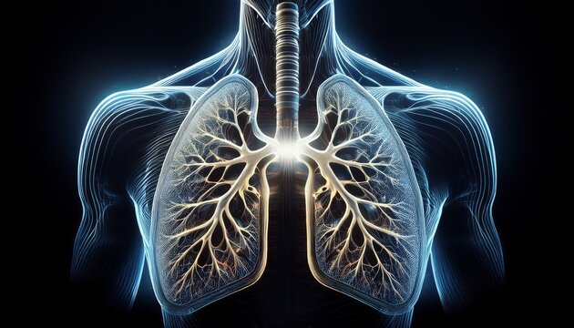 lungs anatomy shown in bright white lights inside the chest black background shows detail medical or scientific concept