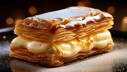 flaky pastry with layers and cream filling covered with shiny glaze close up view of dessert with sweet flavor