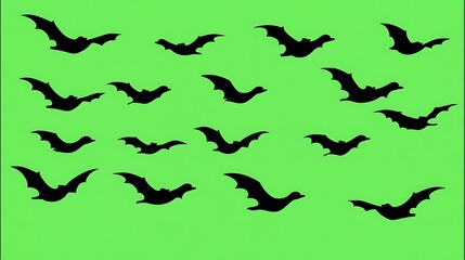Silhouetted black bats appear across a bright green background