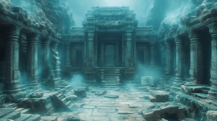 Ancient Underwater Temple Ruins Mystical Fantasy Scene Game Background Mysterious Architectu