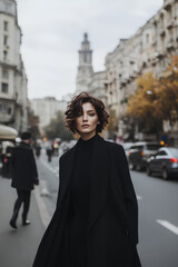 Fototapeta premium Fashionable woman in autumn cityscape wearing stylish coat