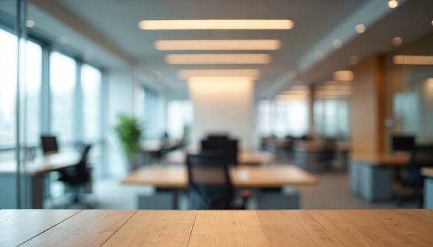 Modern office interior with bokeh lights. Blurred business background, ideal for corporate presentations. Empty workspace design, featuring desks, chairs. Contemporary building architecture, ideal