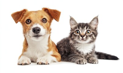 An adorable Jack Russell Terrier and a Scottish Straight kitten are captured in a side view, isolated on a clean white background