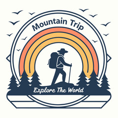 Hiker Adventure Design Graphic For Outdoors Mountain Trip With Bird Silhouettes