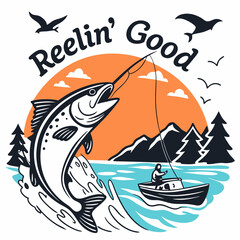 Retro Illustration Of Fisherman Catching Fish In Boat With Landscape View