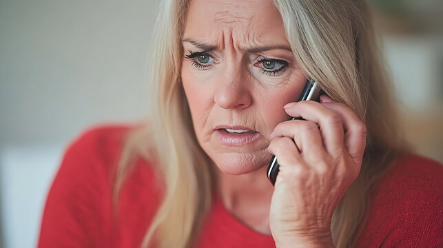 Concerned woman talking on her cell phone with a worried expression