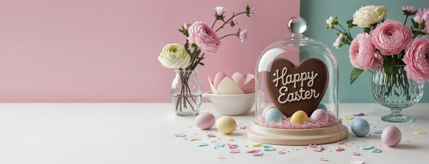 Obraz premium Bannière cœur et œuf de pâques en chocolat dans une cloche en verre, œufs colorés sur la table de printemps, bonnes fêtes de Pâques, espace vide pour du texte