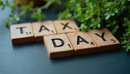 Wooden tiles spell word Tax Day. 15 April tax day concept. Top view close up of wooden tiles with green plant. Financial accounting tax time concept. Financial, business concepts.