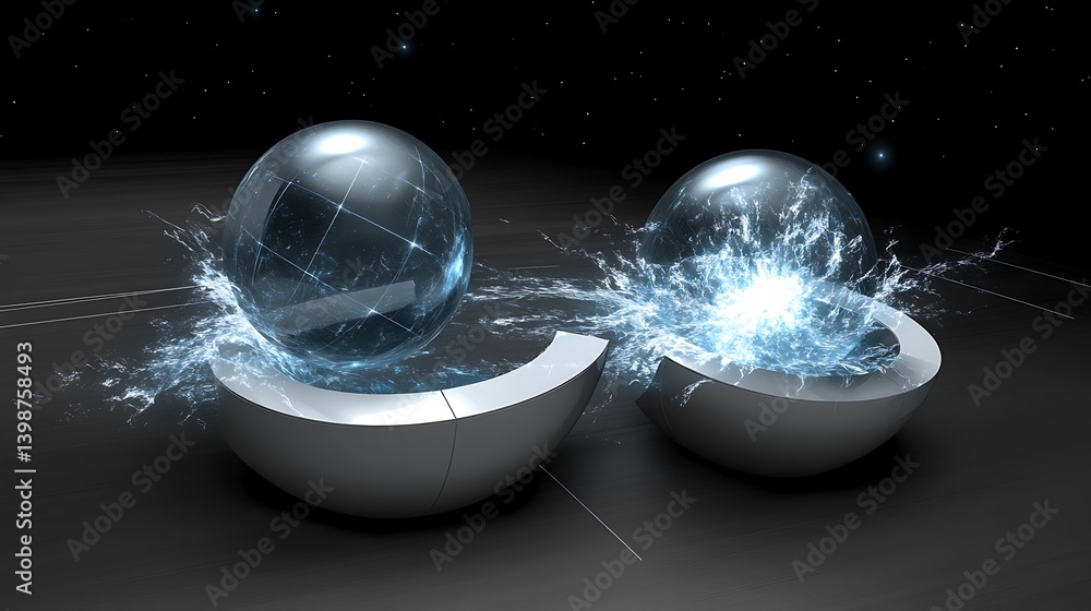 Poster two spheres exploding with energy inside a dark space environment