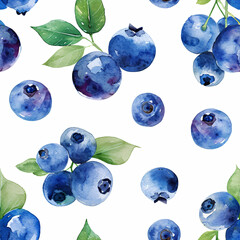 Seamless patterns with blueberries and bilberries in watercolor style on a white background. For printing on wrappers, fabrics and textiles for postcards about vitamins and superfoods.